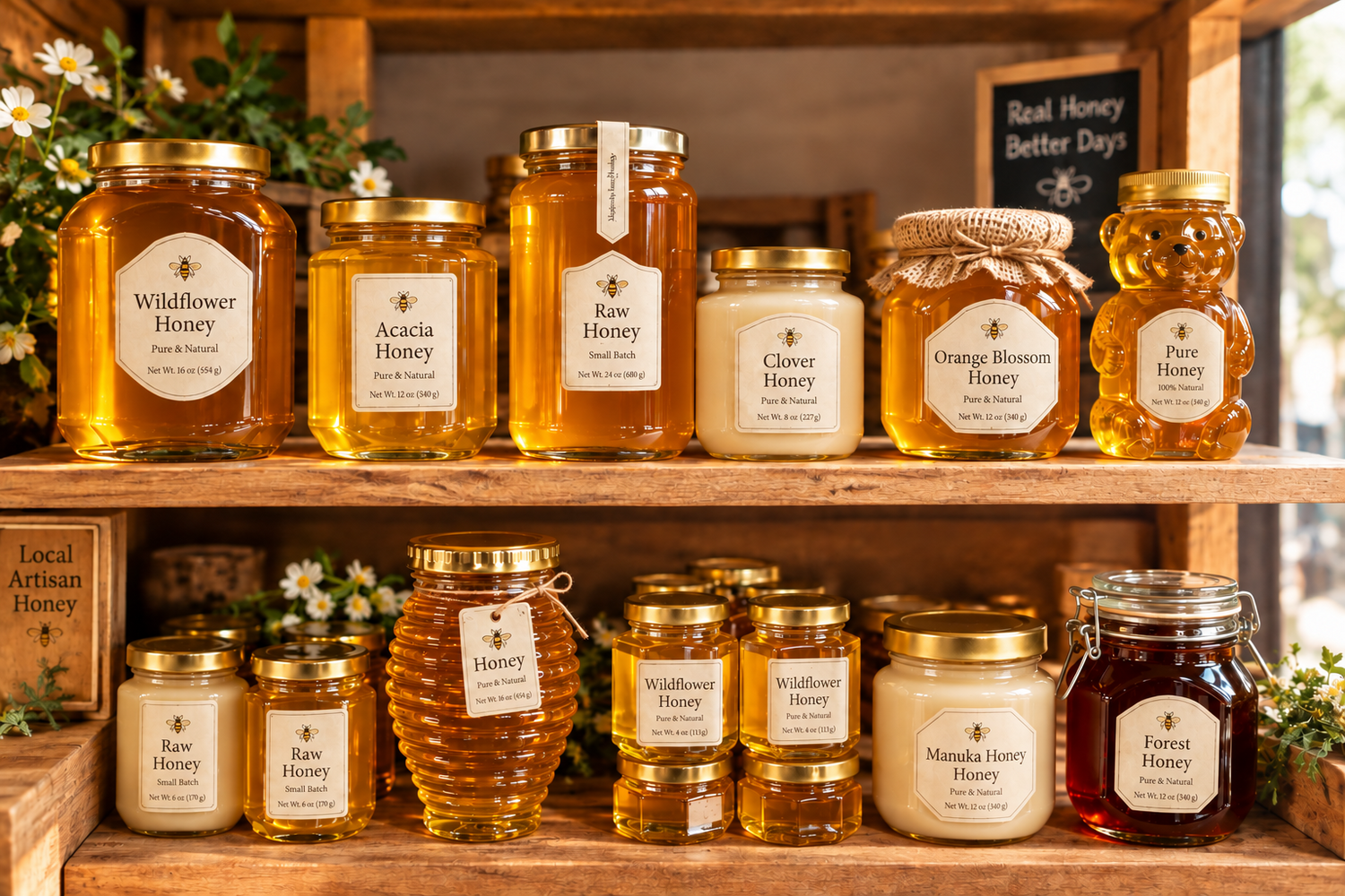 Honey jars on shelves